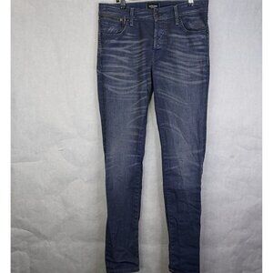 JACK & JONES Slim Fit Tim Jeans Men's W31 L34 Whiskering Button Fly Stretch Blue